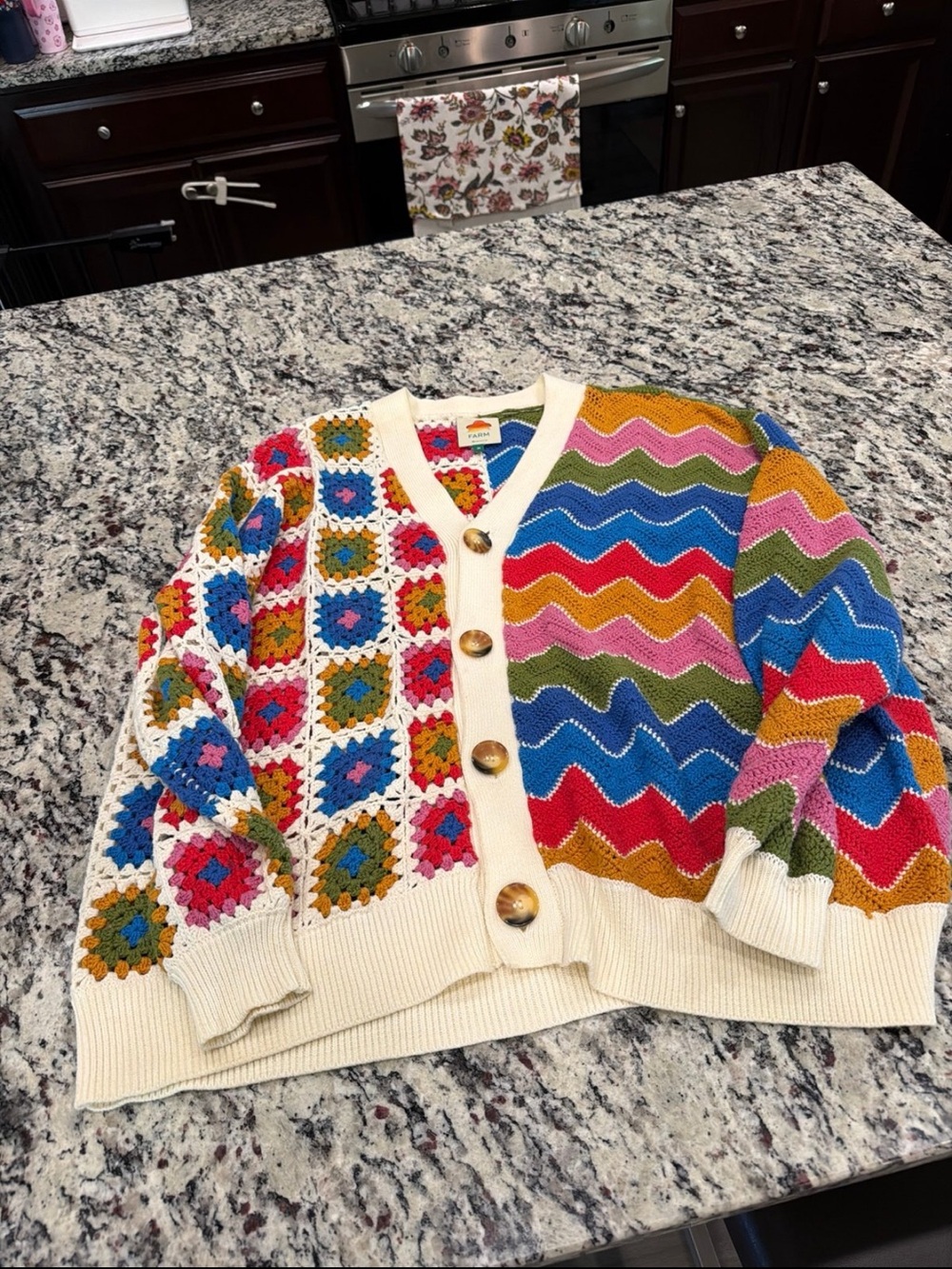 FARM Rio Multicolor Crochet Cardigan with Cream Trim - Picture 1 of 5